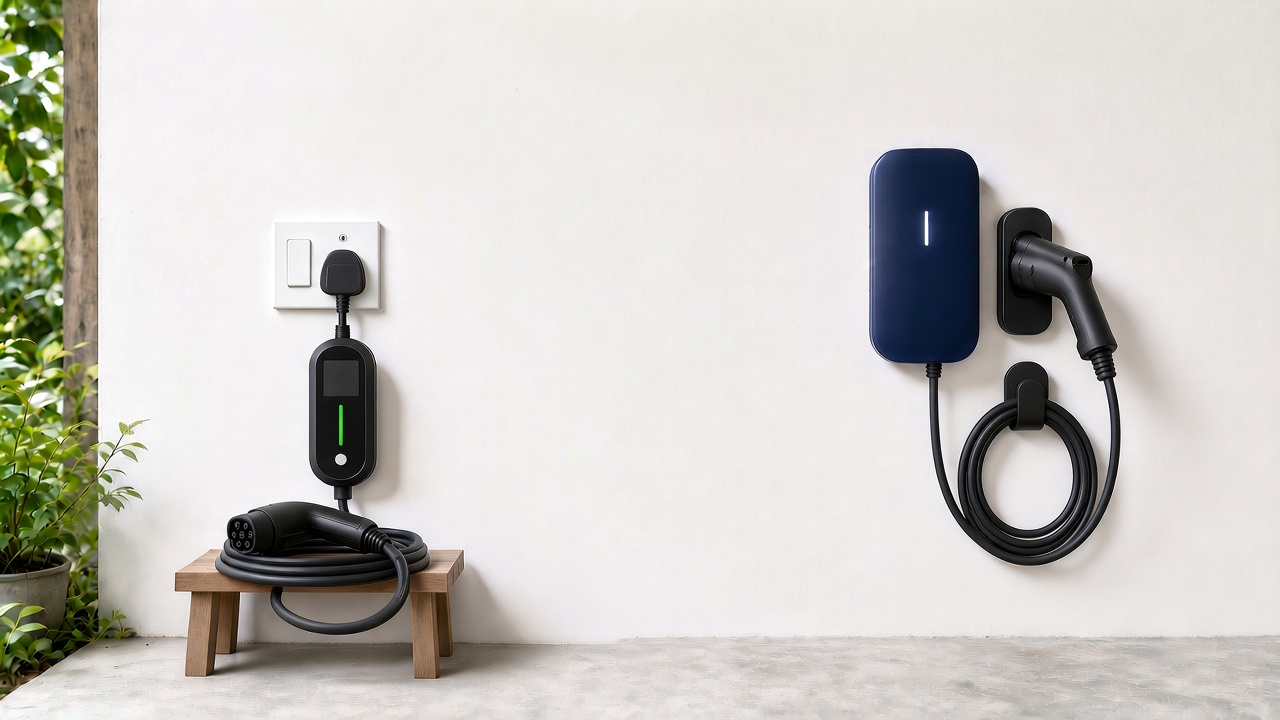 A Mode 2 portable EV charger plugged into a Malaysian 3-pin wall socket, beside a wall-mounted Mode 3 charger